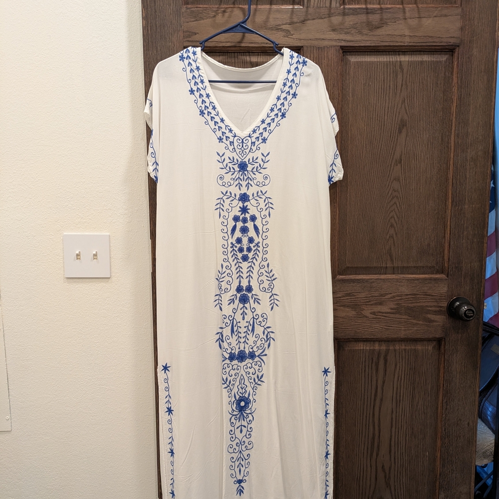 White Maxi Dress with Blue Embroidered Detail or Cover Up